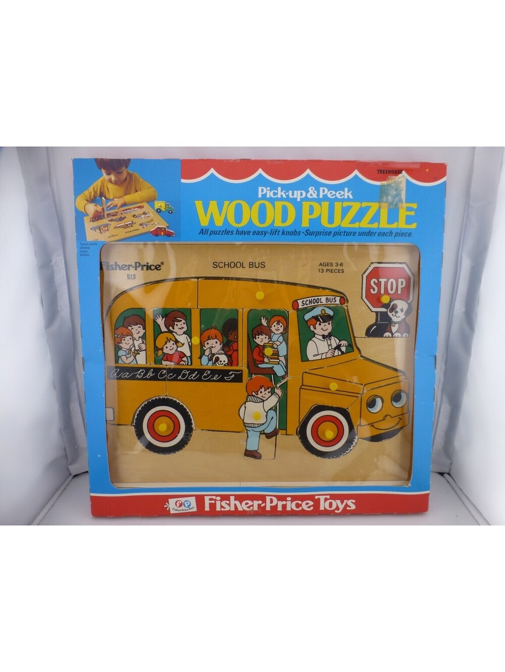 Vintage Fisher-Price School Bus Wood Knob Puzzle 515 Pick-up & Peek w/Box F1